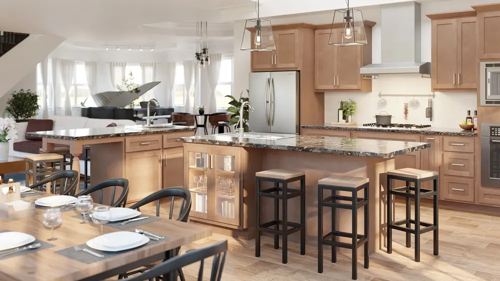 Open kitchen with wood island