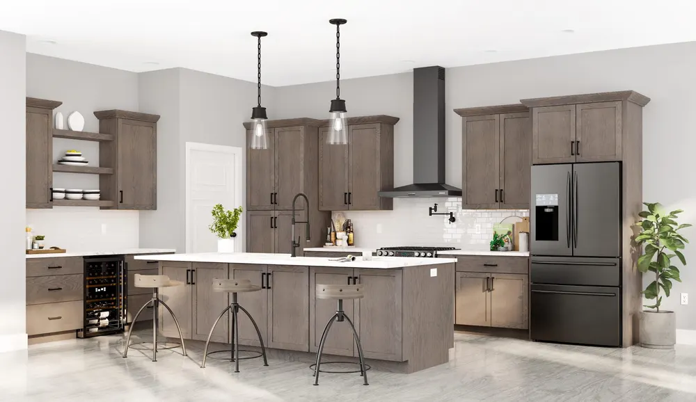 Gray kitchen with pendant lights