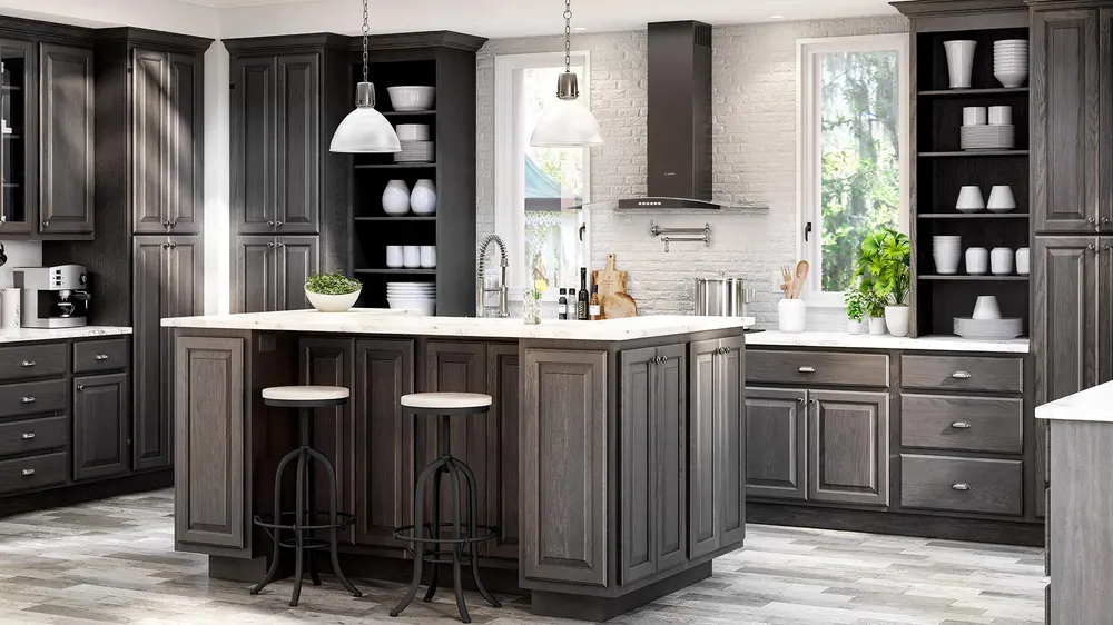 Dark gray kitchen with island