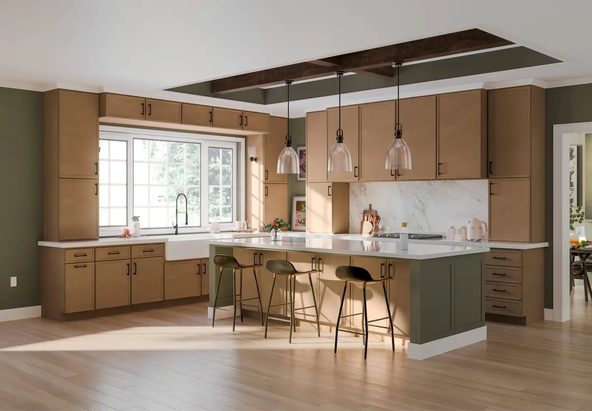 Natural maple kitchen with island and pendant lights