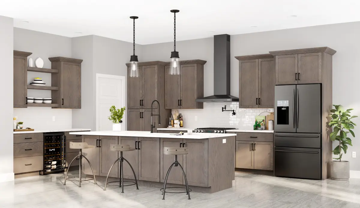 Driftwood gray kitchen with island and stainless hood