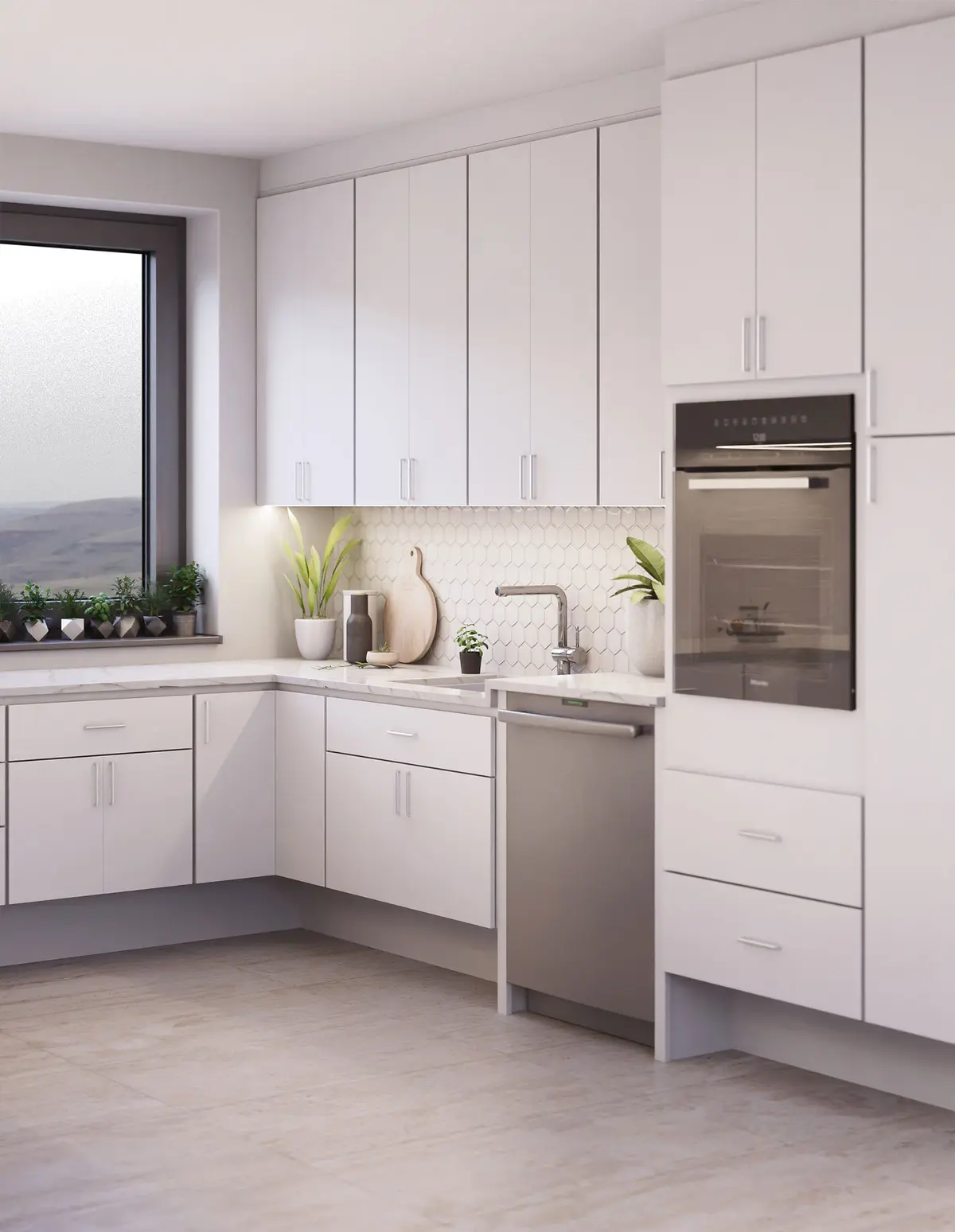 White L-shaped kitchen with wall oven