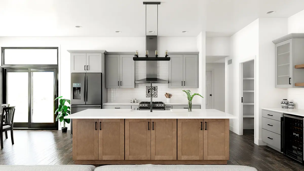Light gray kitchen with natural wood island