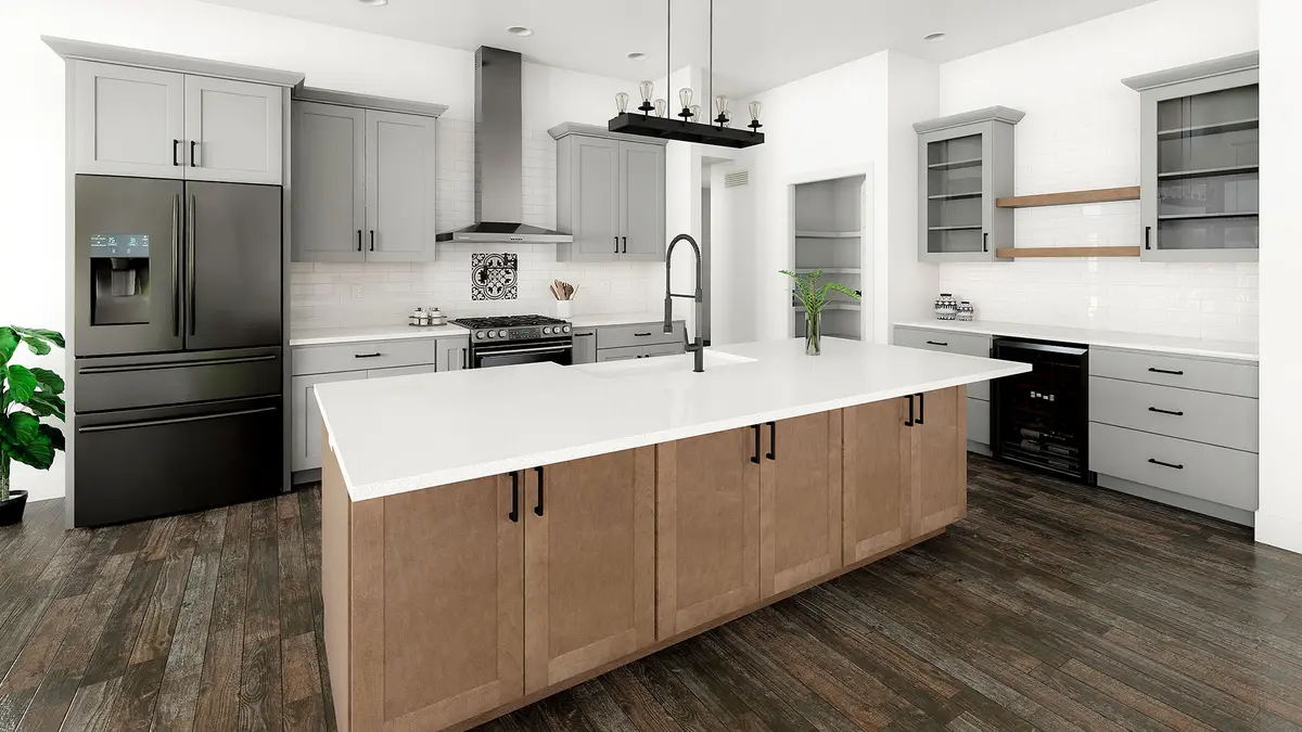 Gray kitchen with wood island and pendant light