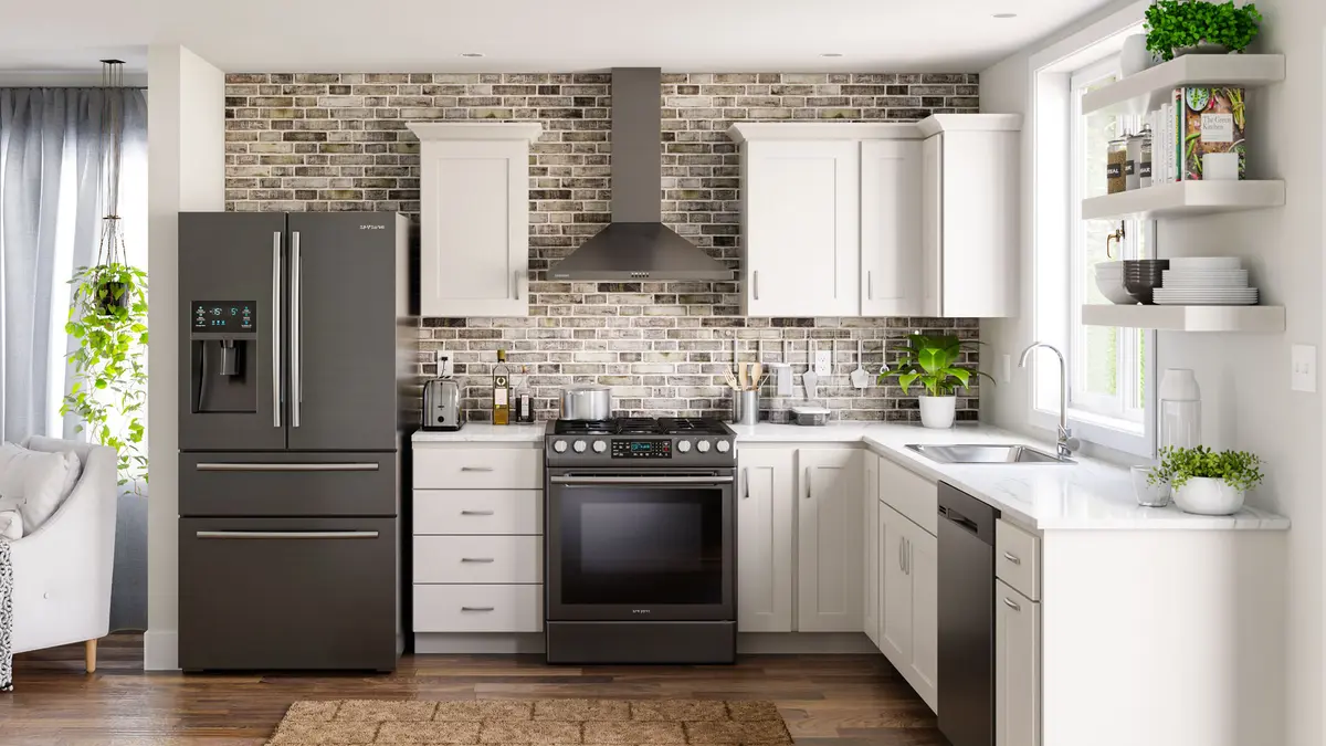 White kitchen with brick backsplash