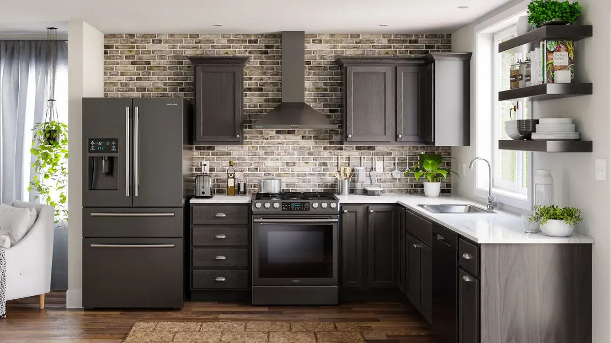 Charcoal kitchen with brick backsplash