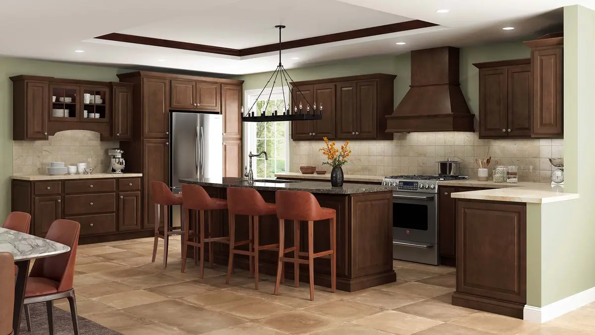 Cherry kitchen with island and chandelier