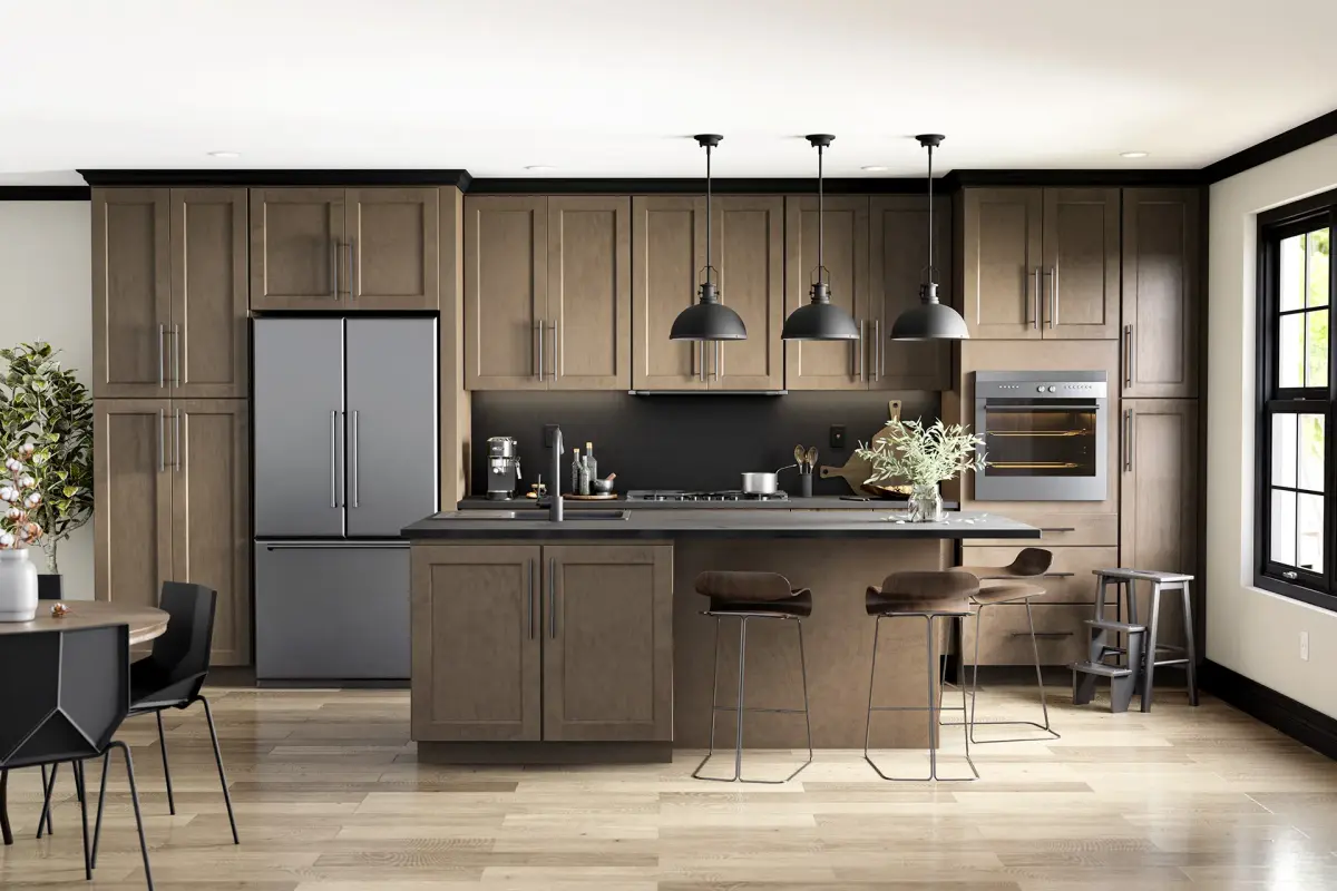 Taupe wood kitchen with island and black pendants