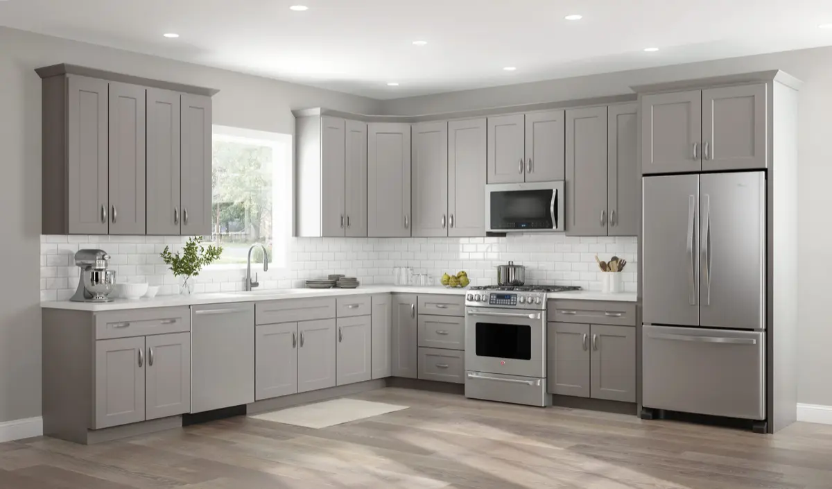 Light gray L-shaped kitchen