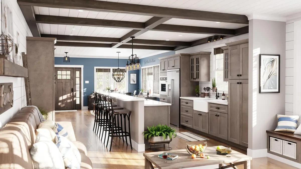 Weathered gray kitchen in an open living space