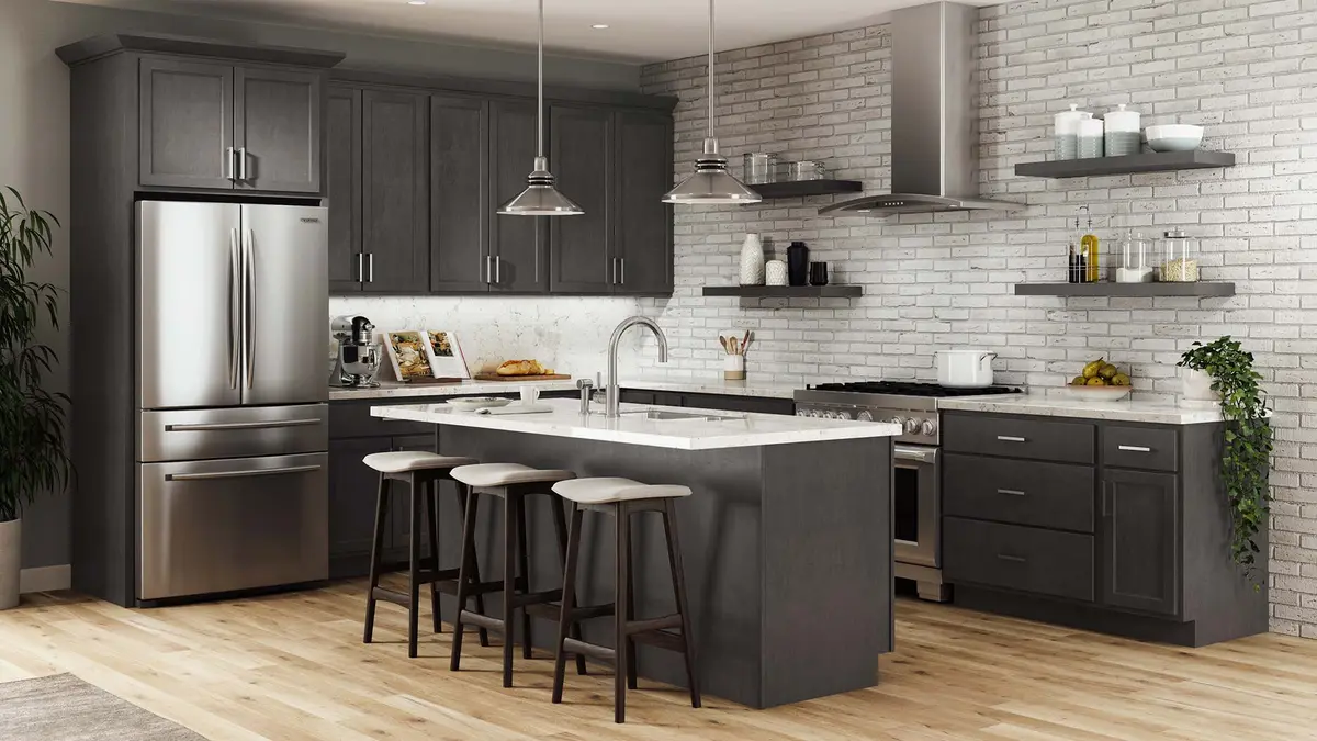 Charcoal kitchen with island and open shelves