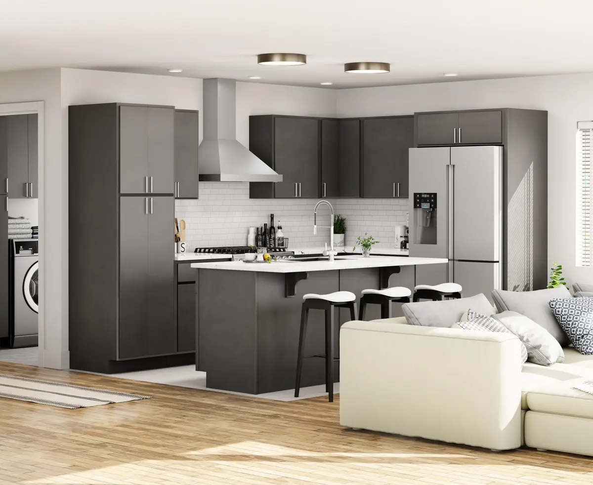 Dark gray kitchen open to the living room