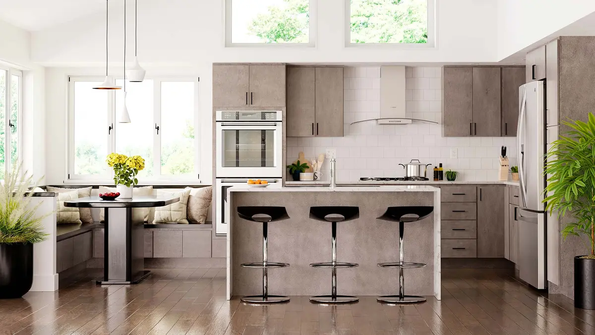 Taupe kitchen with island and bar stools