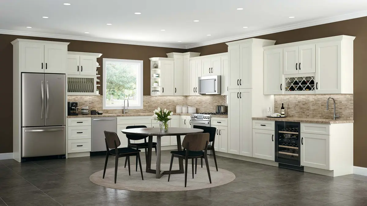 Cream kitchen with round dining table