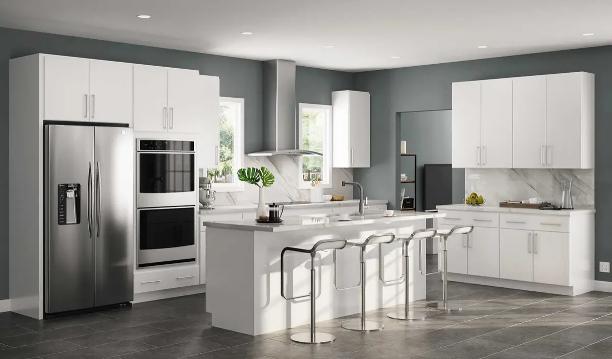 White kitchen with island and bar stools