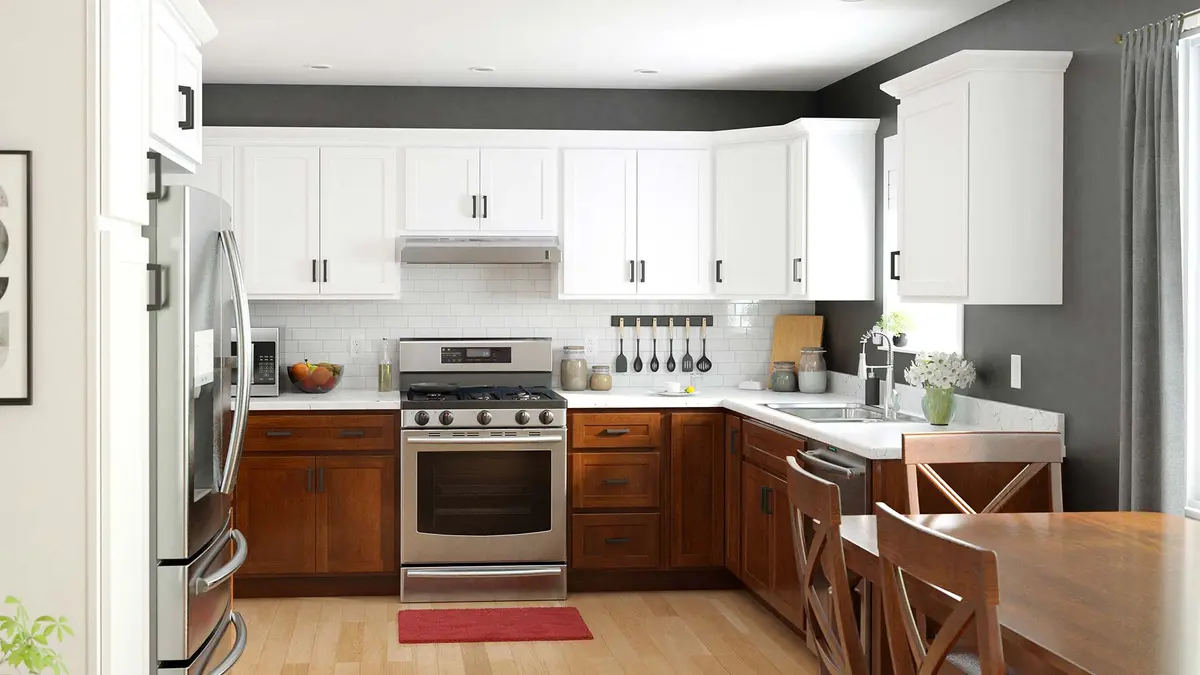 Two-tone kitchen with white uppers and cherry lowers
