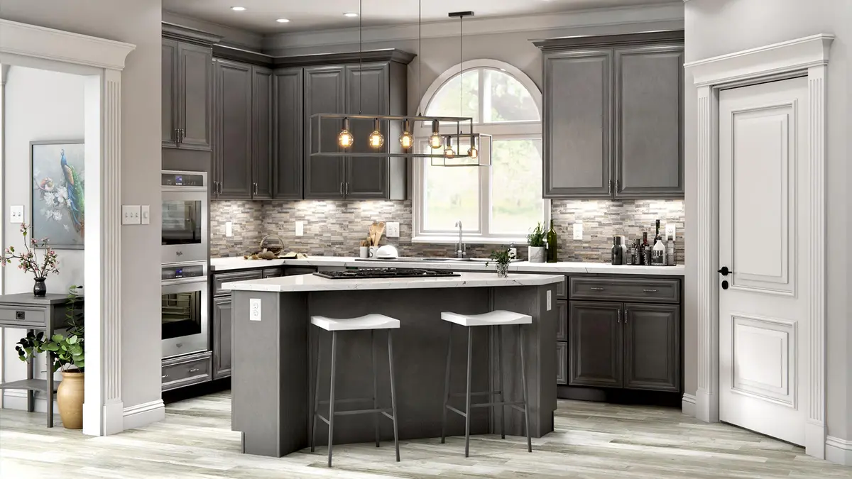 Dark gray kitchen with island and arched window