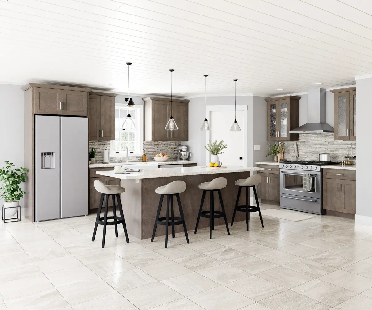 Taupe kitchen with island seating for four