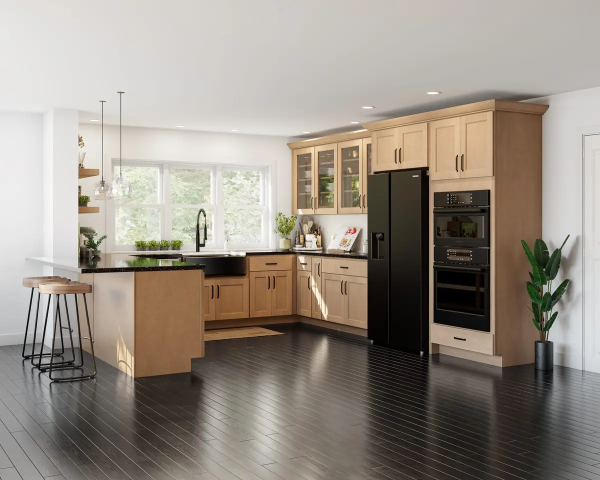 Natural maple kitchen with black appliances