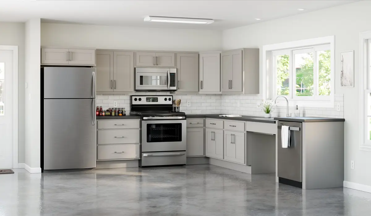 Light gray kitchen with stainless appliances